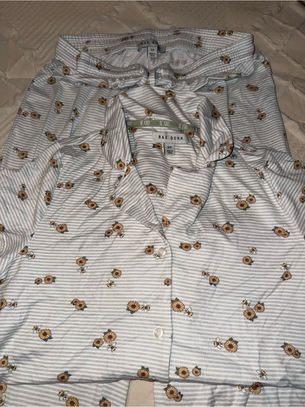 Rae Dunn White and Gray Striped Button-Up Shirt with Sunflower Print